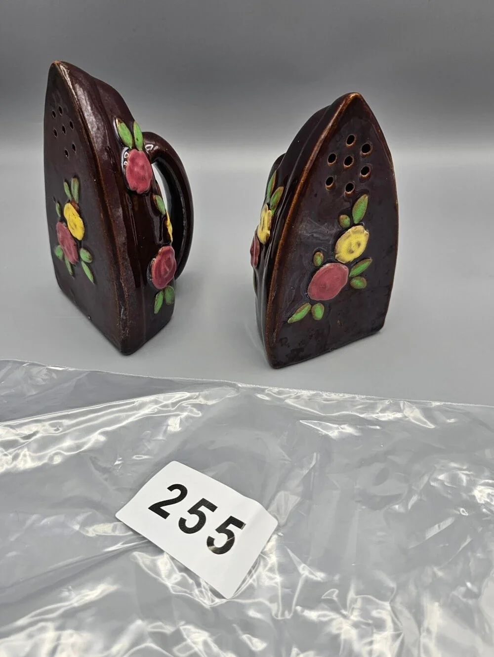 Vintage Ceramic Iron-Shaped Salt and Pepper Shakers with Floral Design
